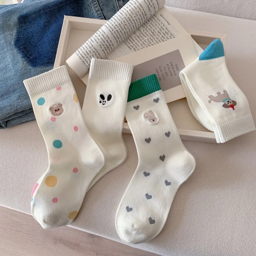 

Socks Women's Medium Tube Socks Cute Stockings Cartoon Puppies Embroidered Polka Dot Stockings Cotton Women Soft Skin-friendly