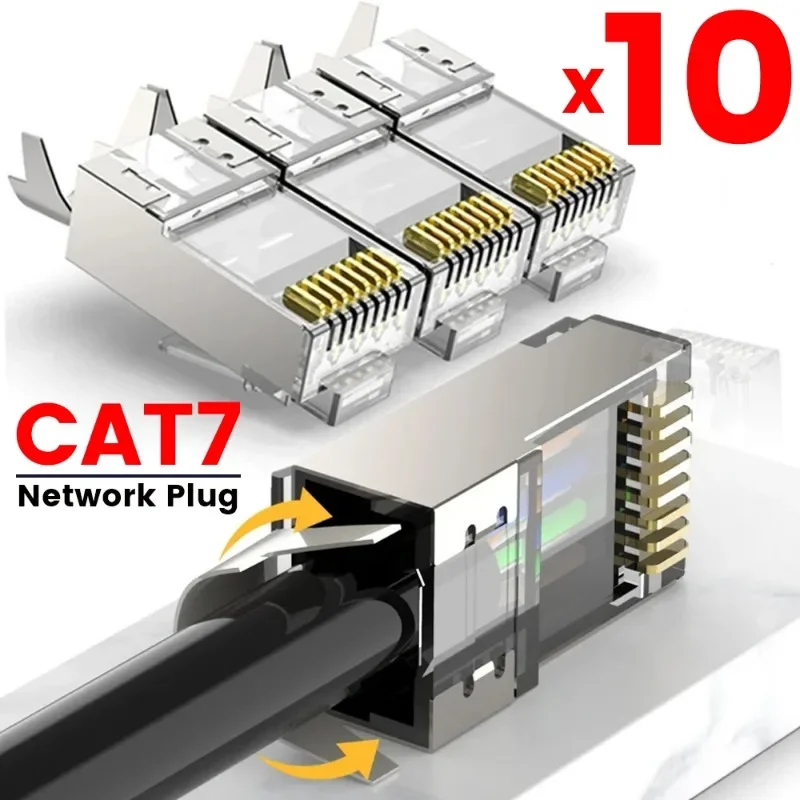 Cat7 RJ45 Plugs Metal Shielded Ethernet Connectors for Solid Wire Standard Cable Network Crimps Gold Plated Modular Cable Plug