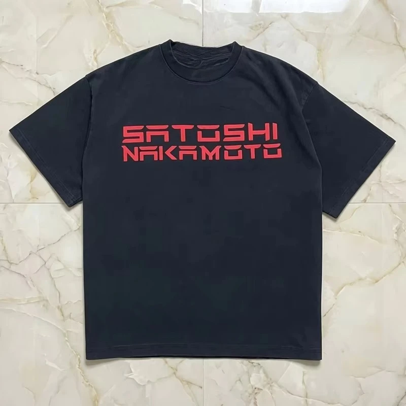 2026 new High Street Harajuku Style Apricot Satoshi Nakamoto T-shirt Perforated Round Neck Short Sleeves High-quality Stock