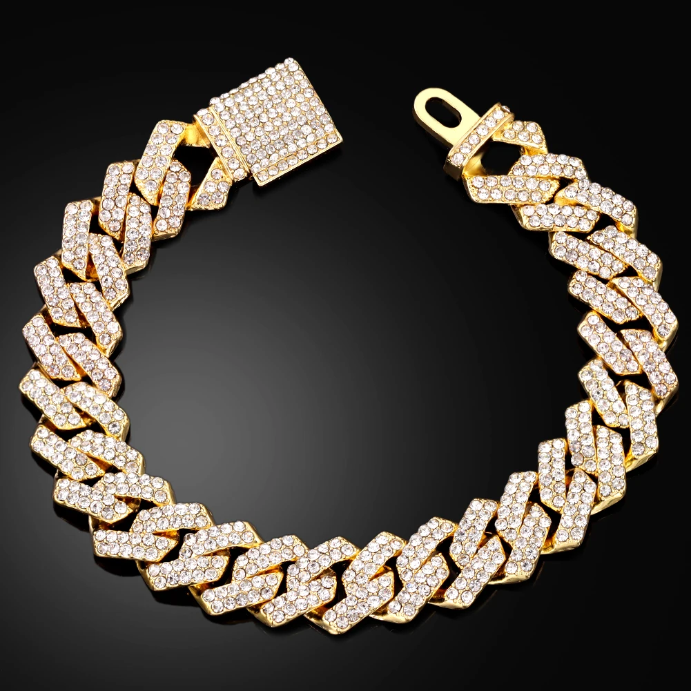 Hip Hop Men Cuban Link Chain Bracelet With Wrist Watches Bling Iced Out Chain Full Rhinestone Paved Crystal Bracelets Jewellery