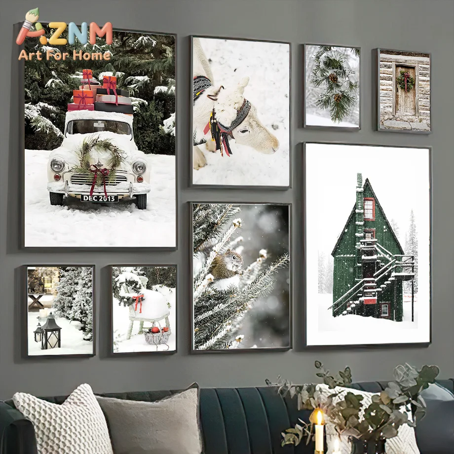 AZNM Frameless 2D Flat Winter Christmas Vintage White Truck Canvas Print, Reusable Farmhouse Holiday Home Wall Art Decor