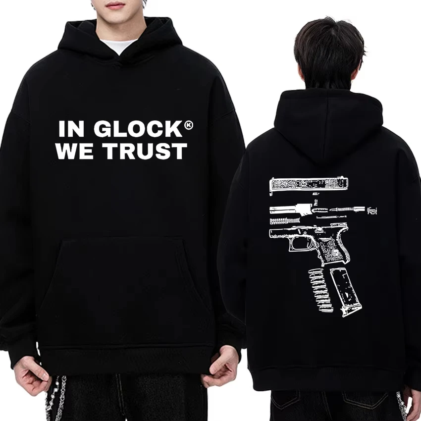 EN GLOCK WE TRUST-Sudadera con capucha con estampado de doble cara para hombre y mujer, ropa de calle Vintage de estilo Punk, jerséis de manga larga de lana Unisex