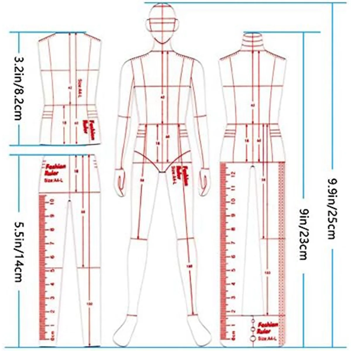 Men's Fashion Illustration Ruler, Drawing Template Ruler Set for Sewing Humanoid Pattern Design, Clothing Measurement