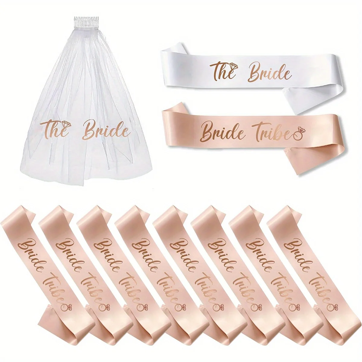 Set of 11 Bridal Party Gifts Brides to Get Married Laces and Veil Set Single Bride Team Panties (Champagne Color)