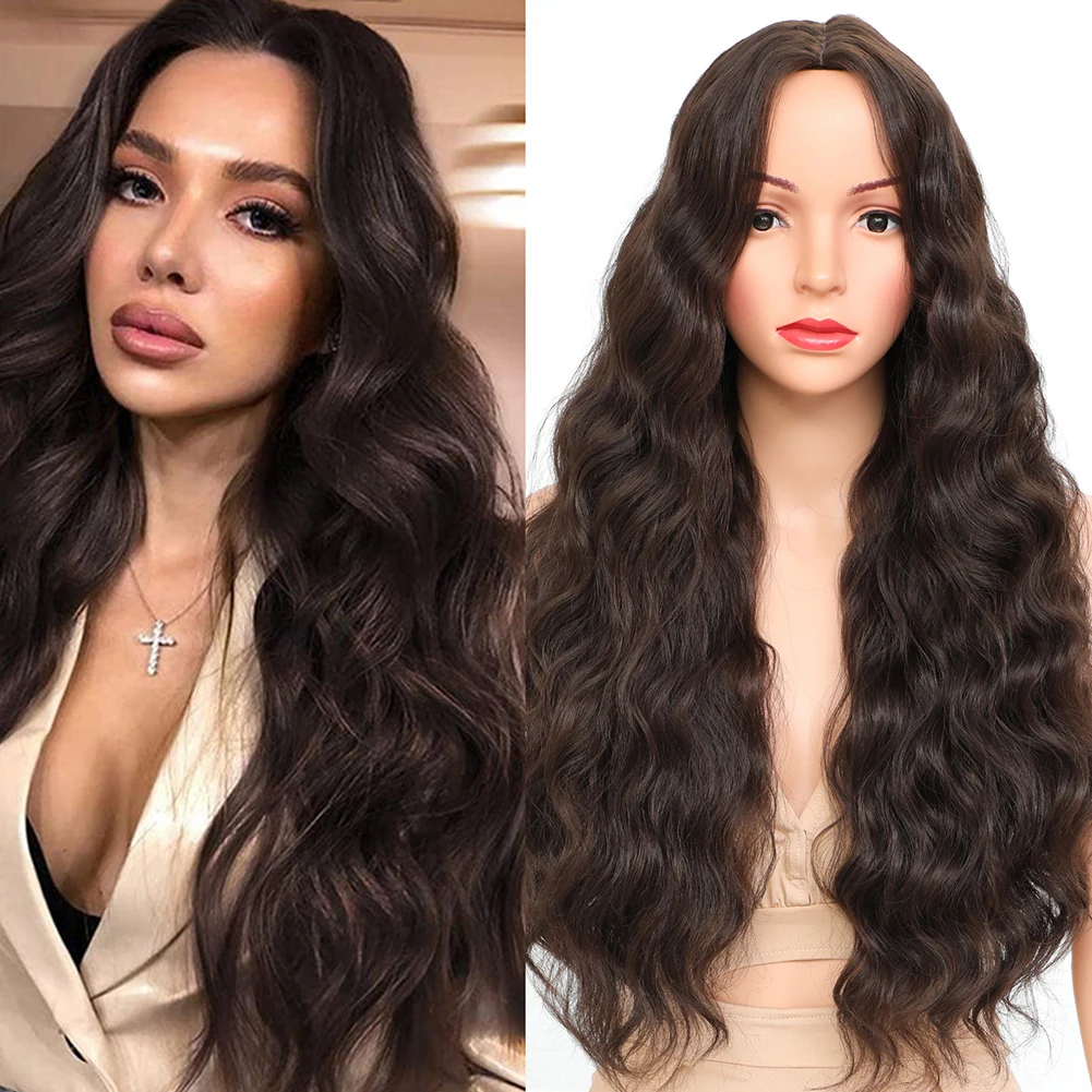 Long Wavy Synthetic Body Wave Wigs For Black Women Dark 99J Brown #4 Middle Part Synthetic Wigs Futura Fibers Natural Black Wigs