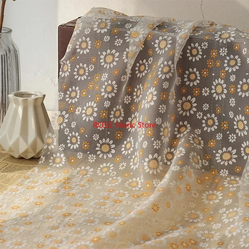 Sunflower Print Organza Tulle Fabric Fabric for Spring Dress, Vacation Party dress, Dance Dress