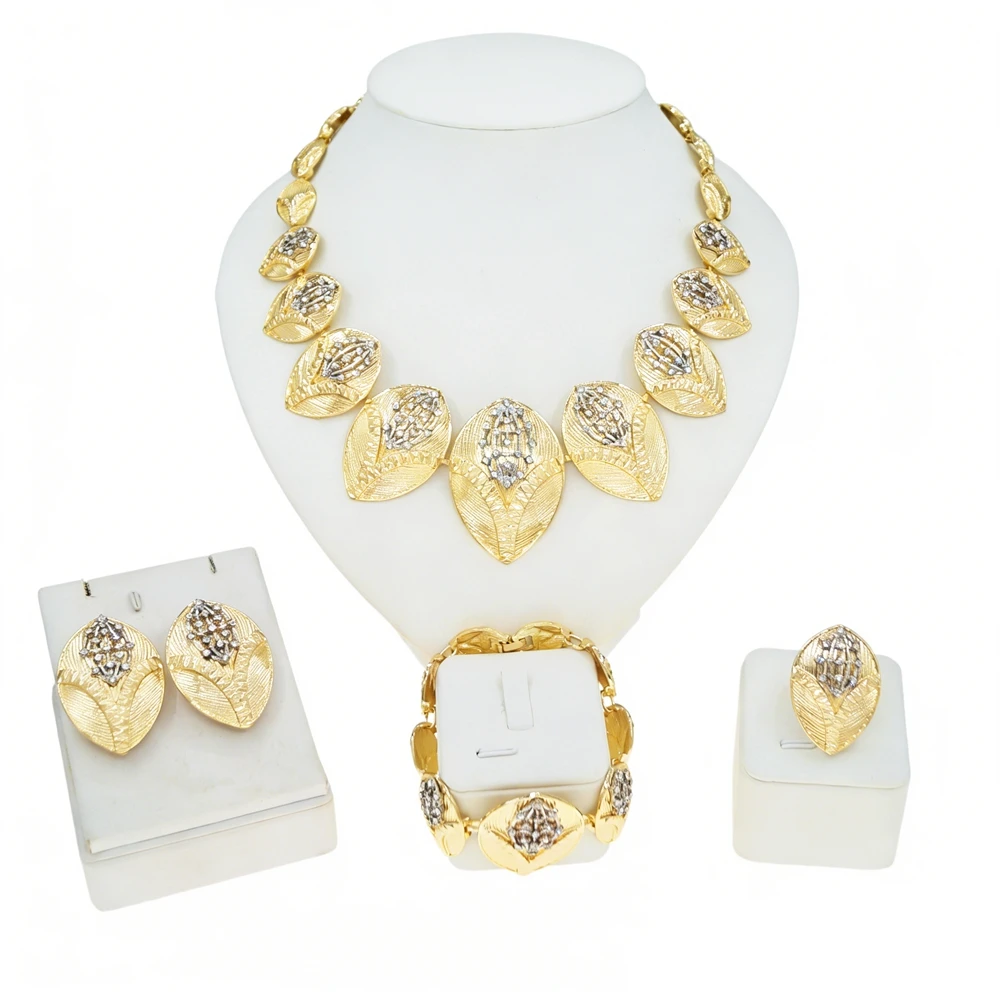 Women Vintage Leaf Rhinestones Jewelry Set Gold Plated Textured Crystal Statement Necklace Bracelet Ring & Matching Earrings for