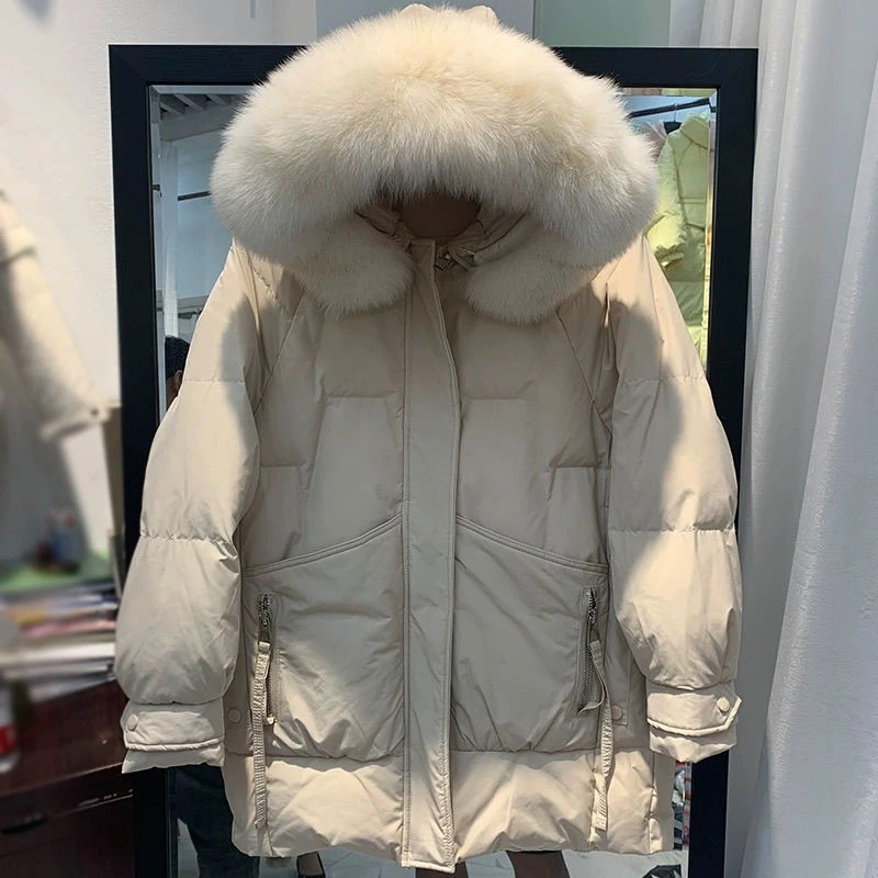 Winter Hooded Big Fur Collar Down Jacket Cotton Padded Parka Loose Warm Snow Windbreaker Jacket Warm Waterproof Outwear