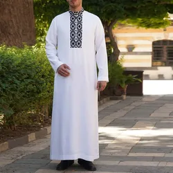 2022 New Arab Middle East Ramadan Clothing Long Sleeve Simple Solid Color Design Men Muslim Abaya Thoub  Muslim Men Clothing