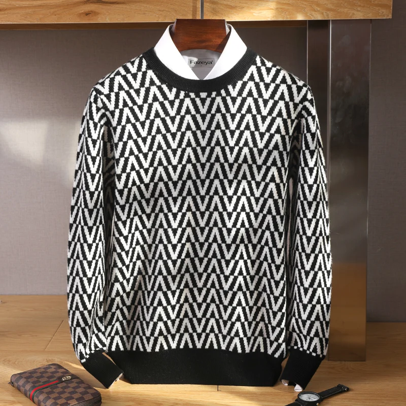 Autumn and winter new 100% pure wool men's O-neck business casual thick sweater loose casual knit bottoming shirt.