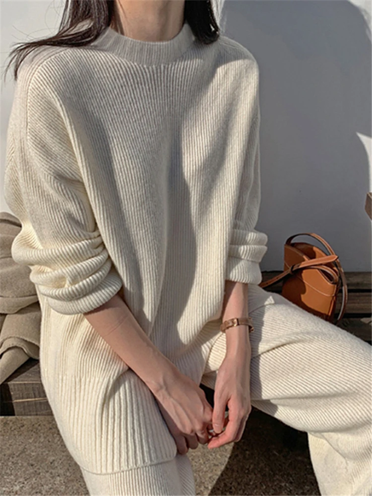 REALEFT Autumn Winter 2 Pieces Women Sets Knitted Tracksuit 2023 O-Neck Split Sweater and Wide Leg Jogging Pants Pullover Suits