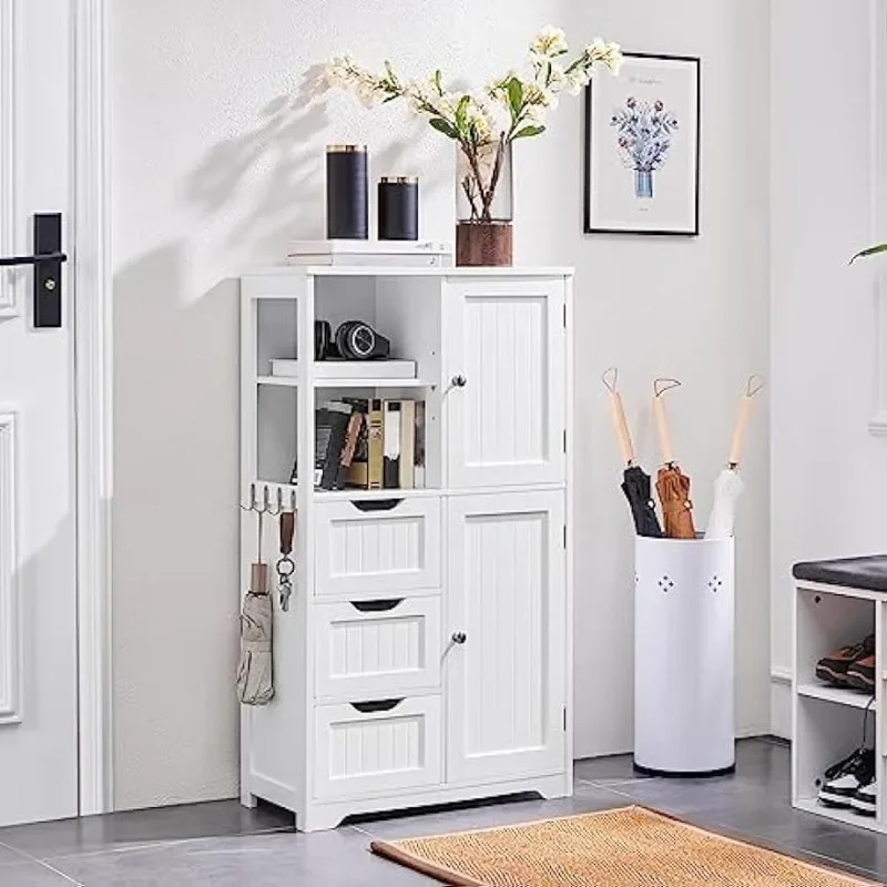 Bathroom Floor Cabinet 42″, Freestanding Storage Cabinet with 3 Drawers, 2 Open Shelves and 2 Doors