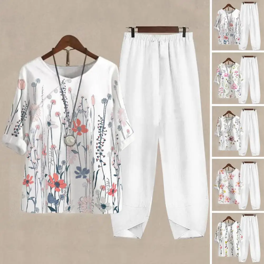 

Trendy Flower Print Two Piece Set Breathable Lady Summer Outfit Comfortable Women Top Trousers Set Female Clothes