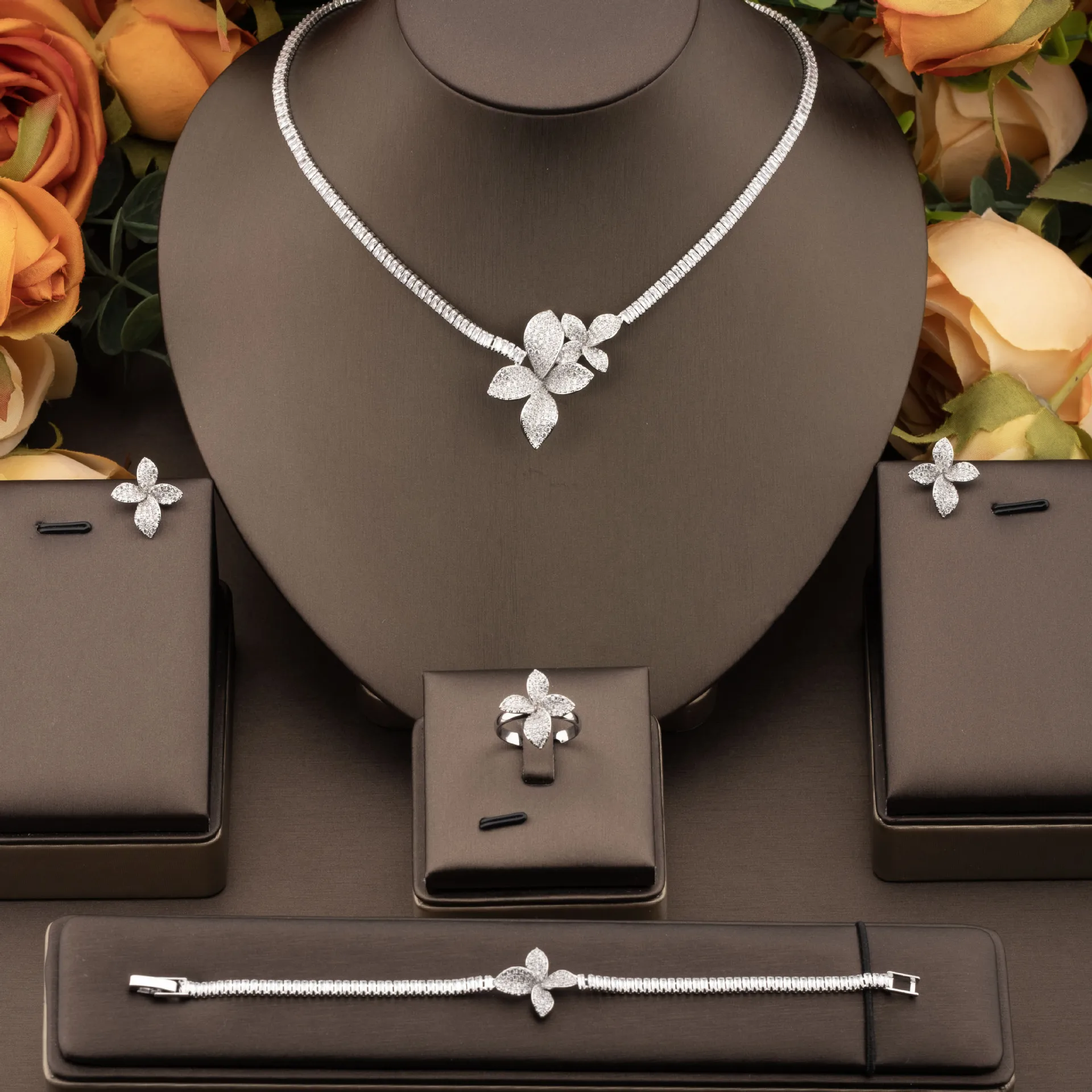 Cubic Zirconia CZ Bridal Jewelry Sets For Women Luxury 4Pcs Wedding Necklace Earring Set Party Prom Leaf Pendant Necklace Set