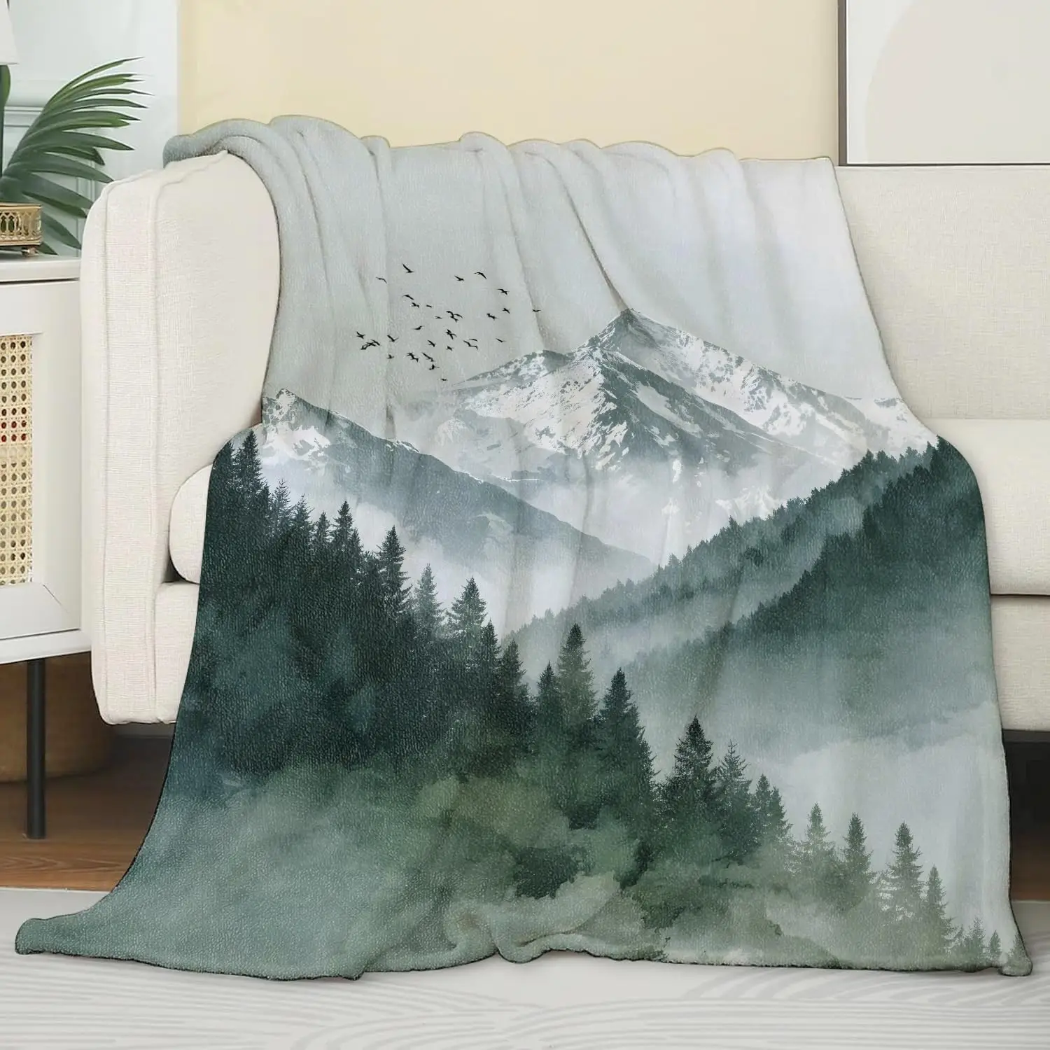 Ink Wash Foggy Snow Peak Conifer Forest Bird Group Light Background Flannel Throw Blanket, Warm Cozy Blanket, Minimal Decor Gift
