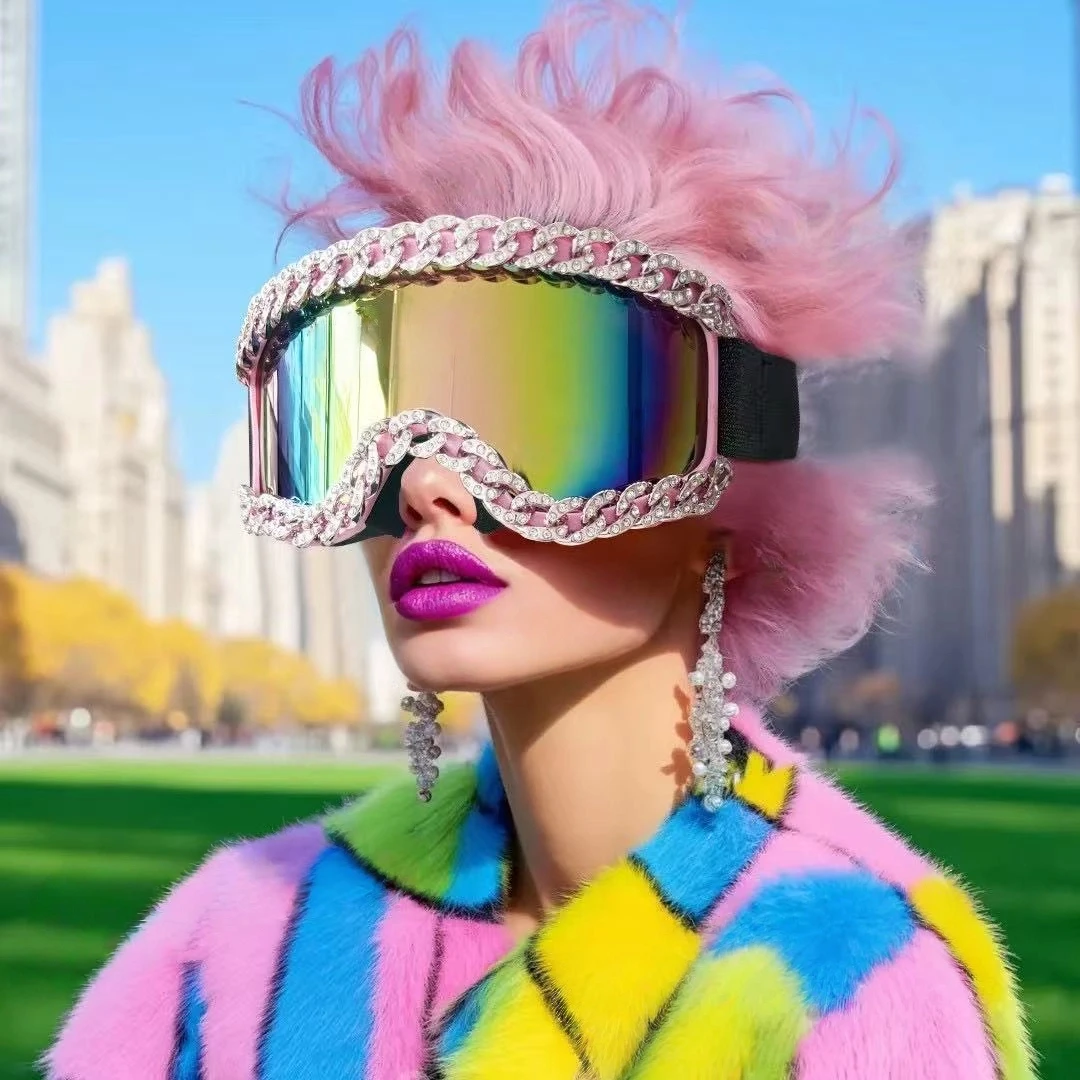 Women Ski Goggles with Luxury Rhinestone Chain Dec Anti Sand Dustproof Riding Glasses Large Frame Sponge Silicone Ski Goggle