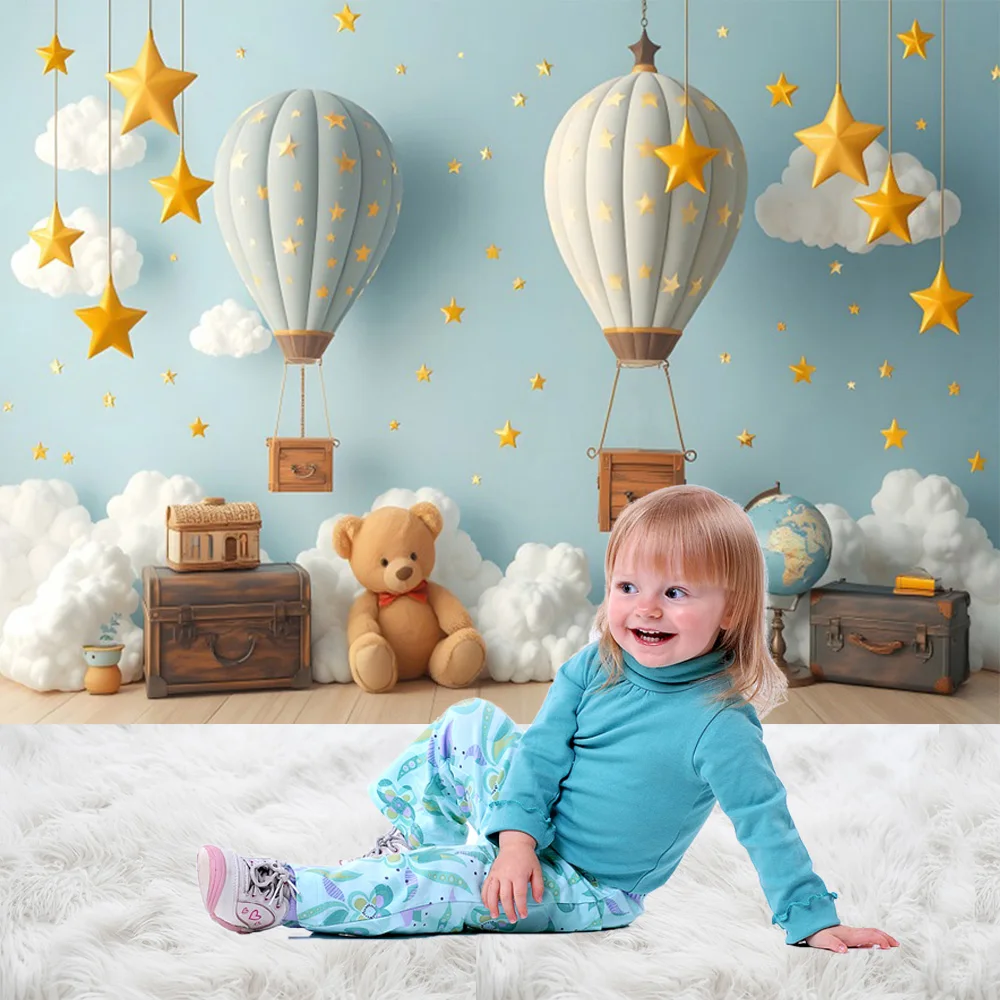 Cloud Bear Balloon Photography Background Children Birthday Party Baby Shower Decoration Banner Baby Portrait Photo Studio Props