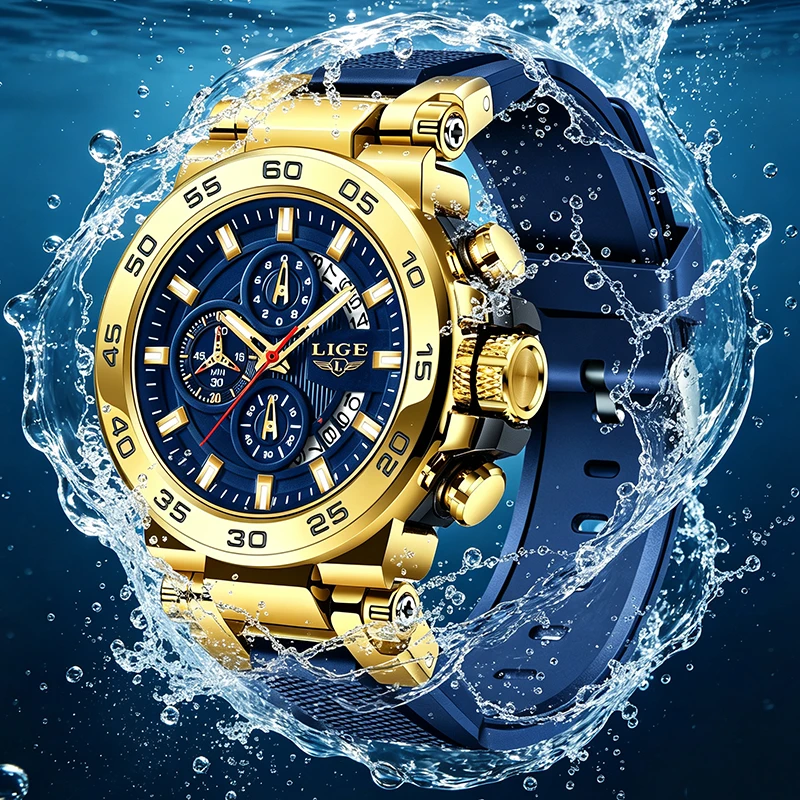 LIGE New Military Watch Men Fashion Blue Silicone Quartz Big Dial Watch Men Waterproof Luminous Chronograph Relogio Masculino