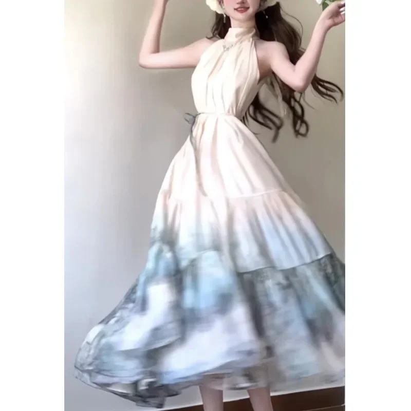 New Chinese style printed dress with a hanging neck  long skirt for vacation large swing half skirt