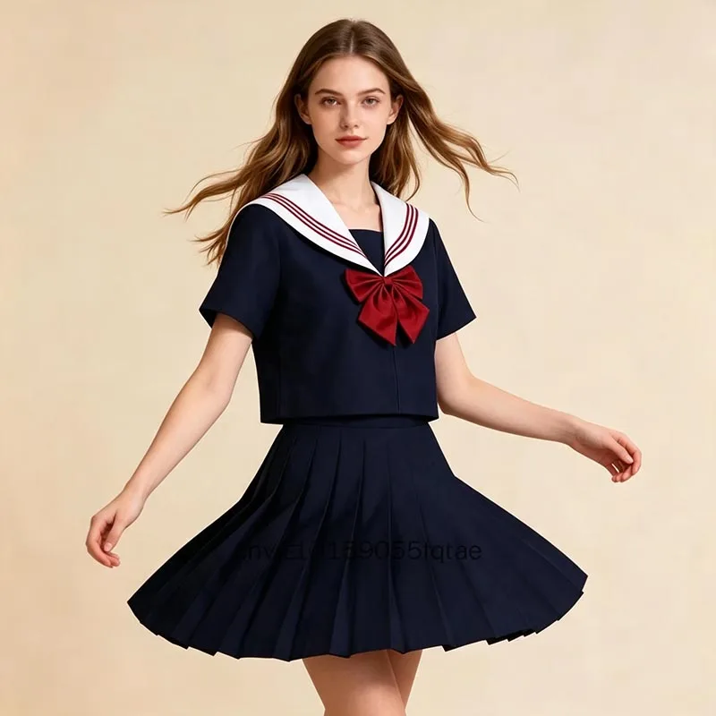 Japanese JK Uniform Sailor Suit Short/Long Sleeve Top with Red Tie Classic Japanese School Student Costume Anime Cosplay Outfit