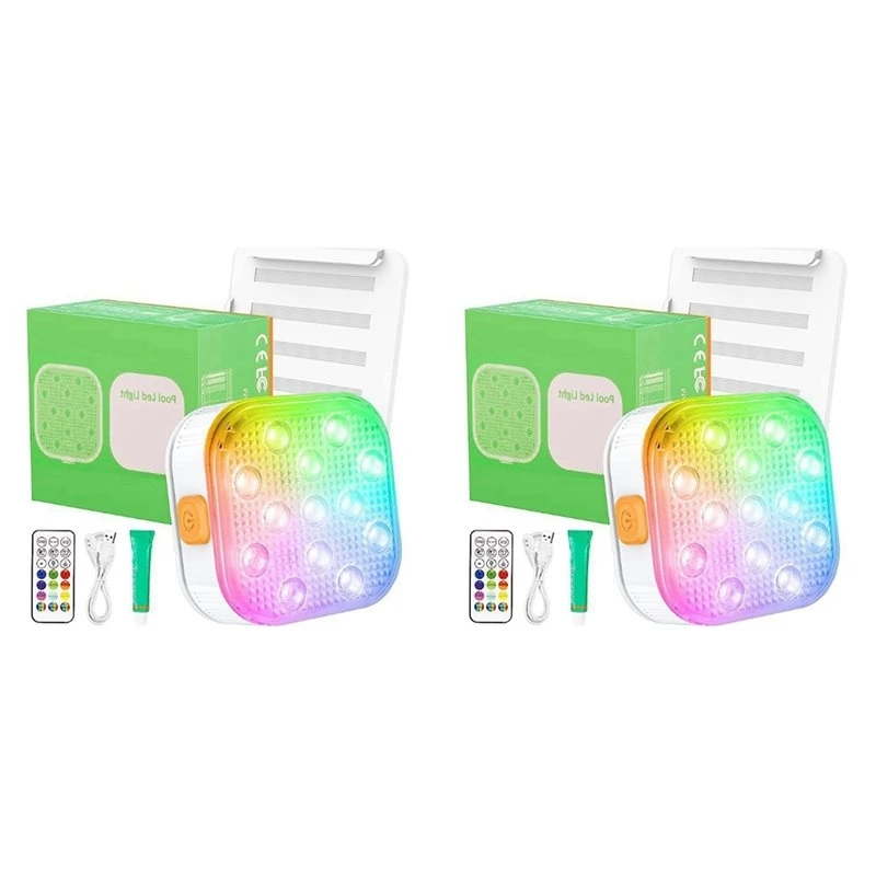 ABJT-2X Rechargeable Submersible Pool Lights With Remote, IP68 Waterproof 16 Color Changing LED Lights With Glue