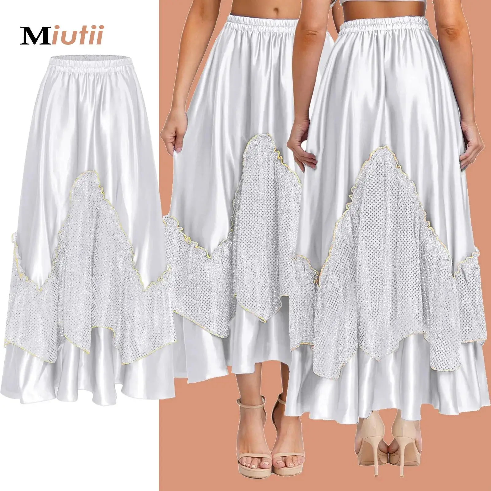 

Женский танцевальный костюм, атласная юбка для фламенко, вальса, бальных танцев, классическая длинная юбка с большими качелями, испанская одежда для танцоров