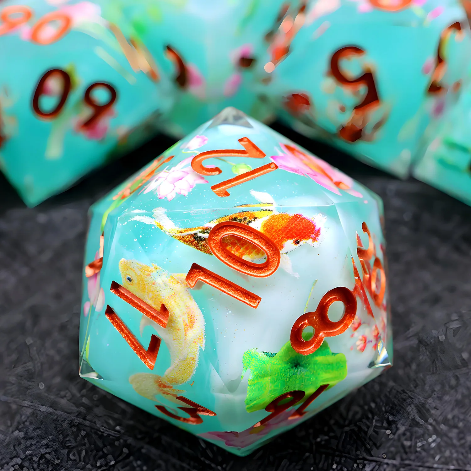 

Handmade DND Dice Set,Swimming Koi & Lotus Flowers Design,Resin Polyhedral RPG Dice for Dungeons and Dragons Board Games-L23