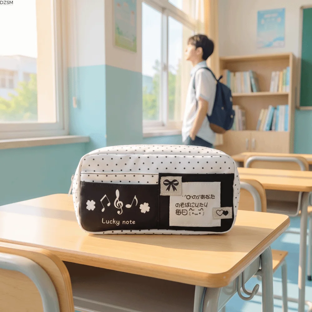 New Polka Dot Cat Pattern Pencil Case Cream Color Large Capacity Multi-Layer Pen Bag Stylish Cute Stationery Organizer Students