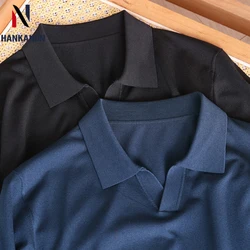 Men's Fashion Color-block Polo Shirt, Daily Business Casual Top, Striped Short-sleeve T-shirt 2024 New V-neck Knit Summer.3XL-M