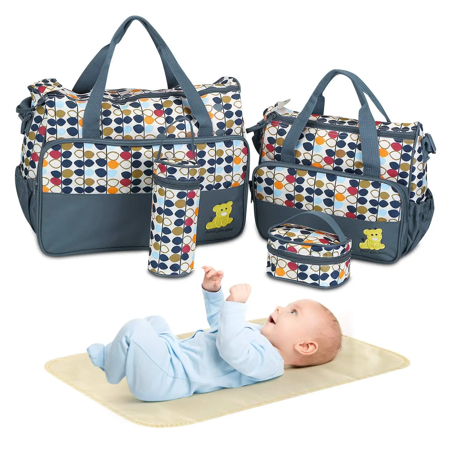 5PCS Diaper Bag Tote Set - Baby Bags for Mom (Gray)