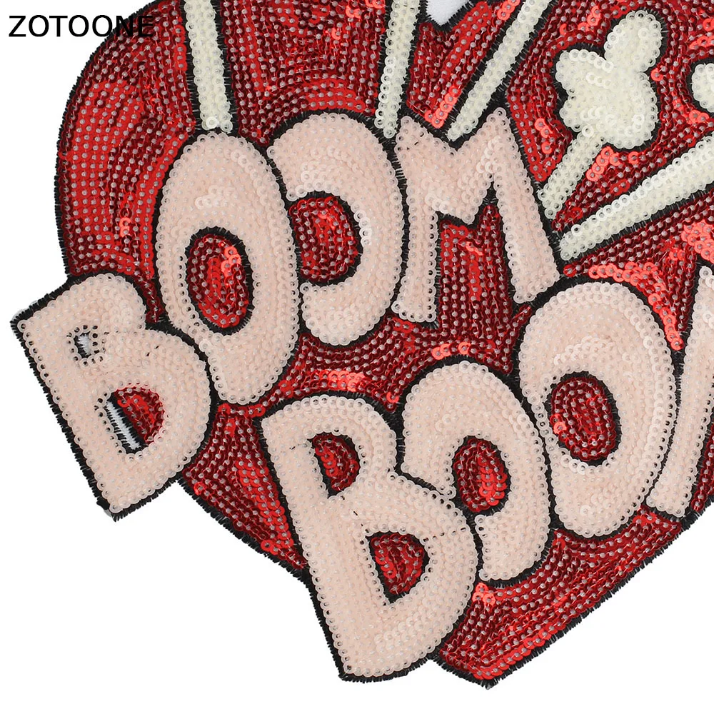 ZOTOONE Sweet BOOM BOOM Red Heart Patch Sew on Large Sequin Patch for Clothing Applique Stripe on Clothes Happy Valentine\'s Day