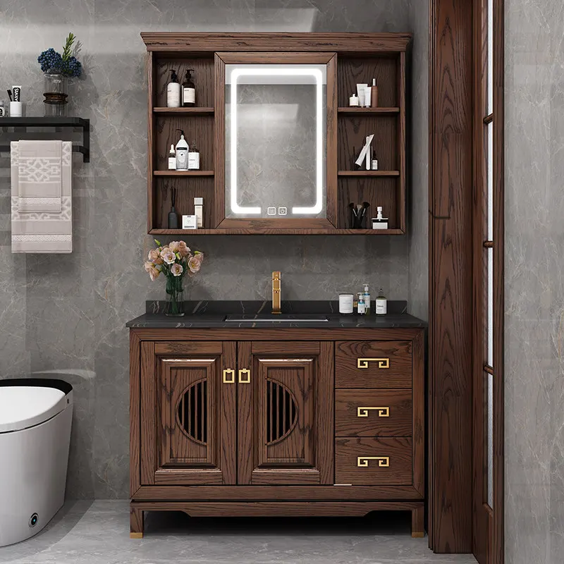 New Chinese Bathroom Cabinet Red Oak Bathroom Washstand Floor Mirror Cabinet Bathroom Cabinet Combination