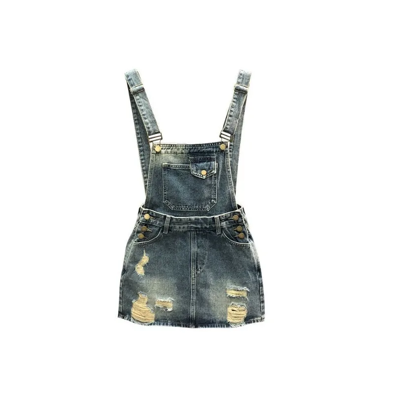 American Retro Ripped Denim Strap Skirt Women's Summer  Fashion Foreign Style Age-reducing A-shaped Skirt High Appearance Level