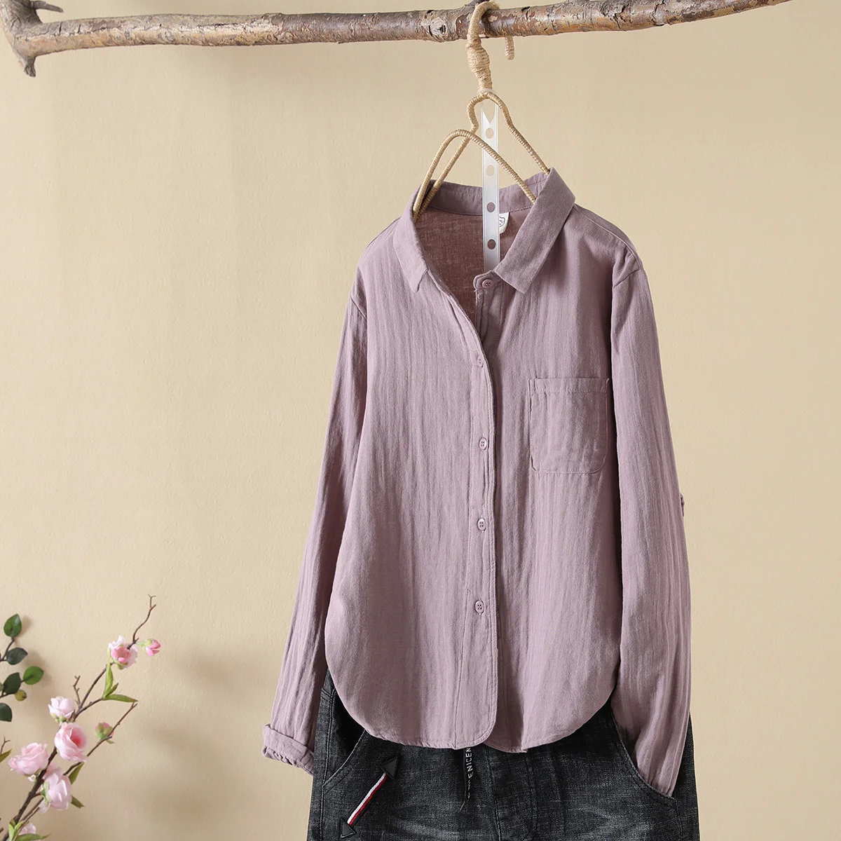 100% Cotton Yarn Purple Blouses Mori Girl Japanese Style Brief Long Sleeve Solid Backing Shirts Tall Top Autumn Women's Clothing