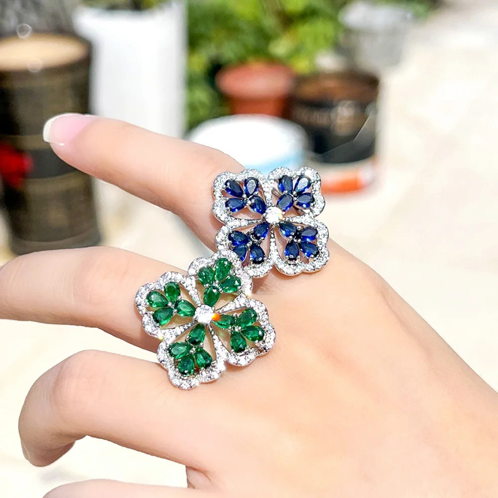 Pera Stylish Colorful Green Cubic Zirconia Large Flower Design Finger Rings for Ladies Anniversary Jewelry Party Gift R004