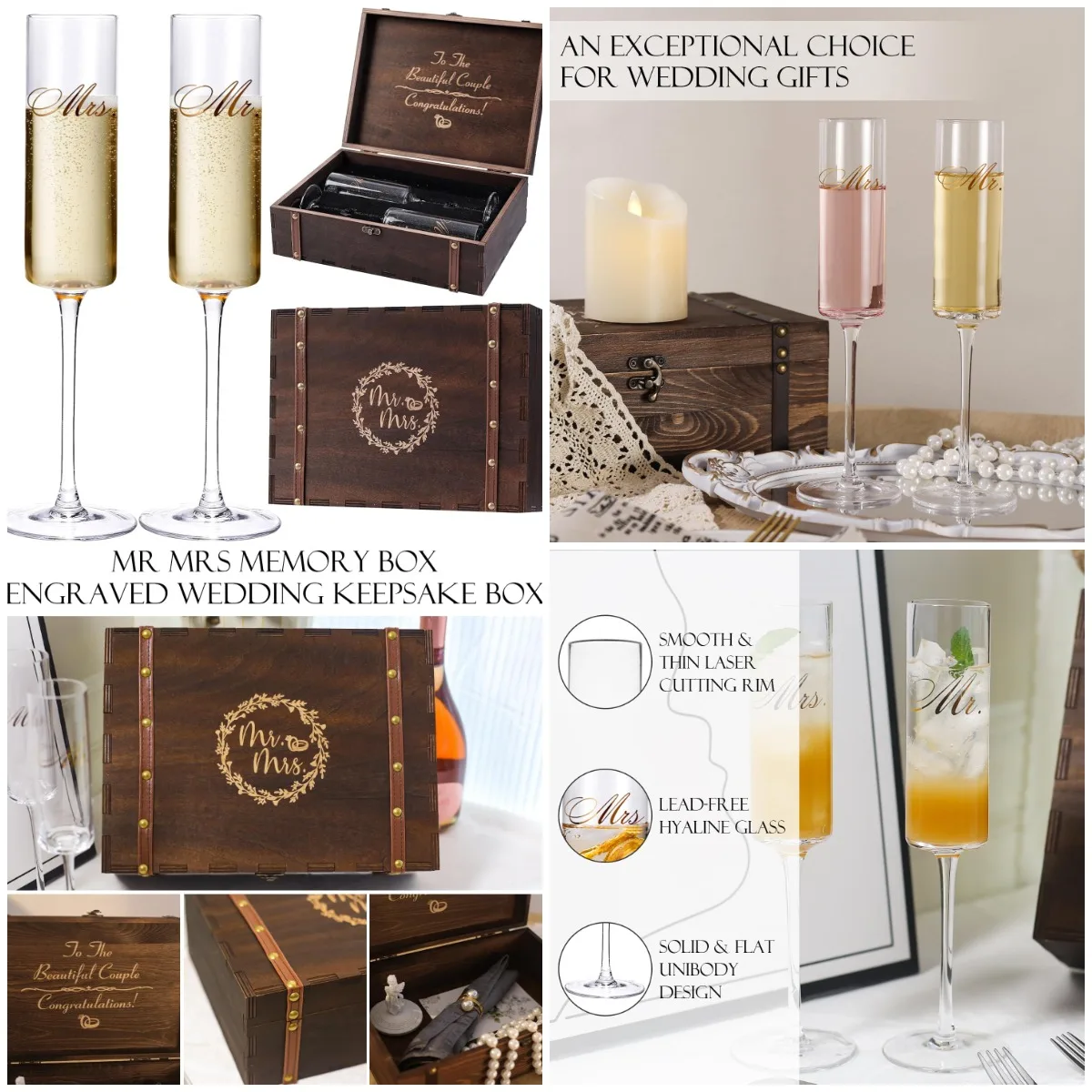 

Mr. & Mrs. Champagne Flutes - Wedding Gift Set for Bride & Groom, Anniversary Keepsake Box