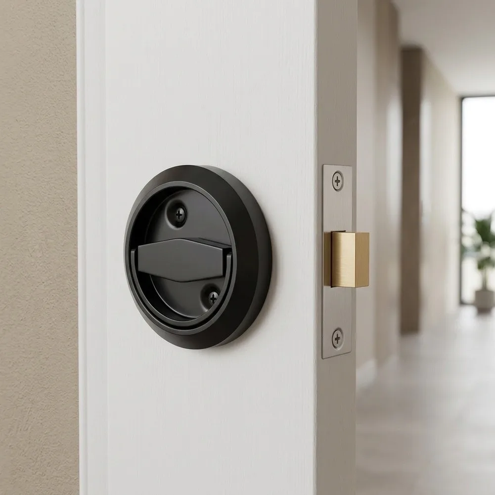 Pocket Door for Lock Kit with 2 Black Flush Handles 1 Privacy Lock Body 1 Strike Plate and Full Hardware Set for DIY Setup