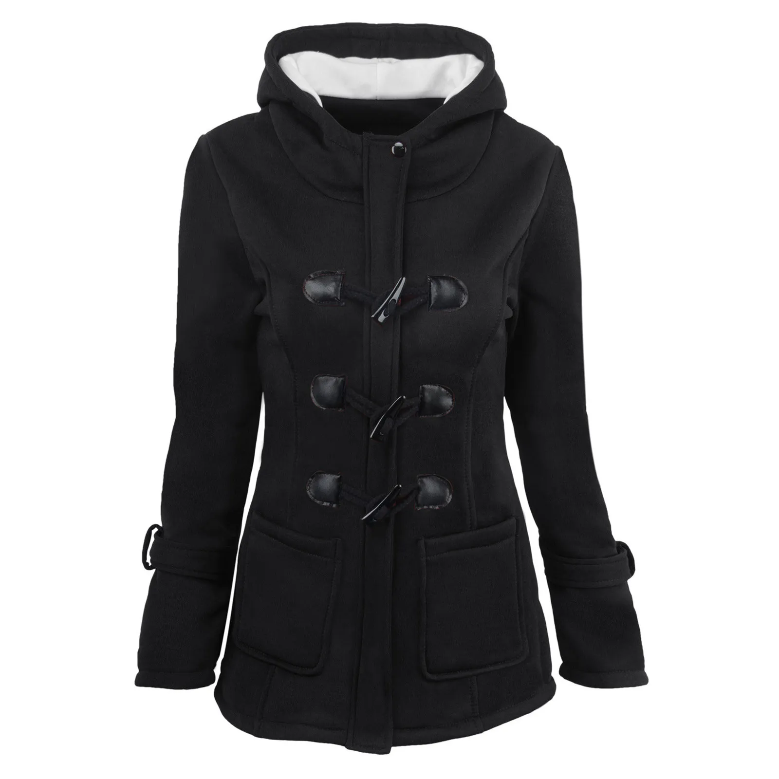 Padded Women Solid Color Hooded Overcoat Autumn Winter Horn Buttons Warm Cardigan Overcoat Jacket Female Causal Outwear