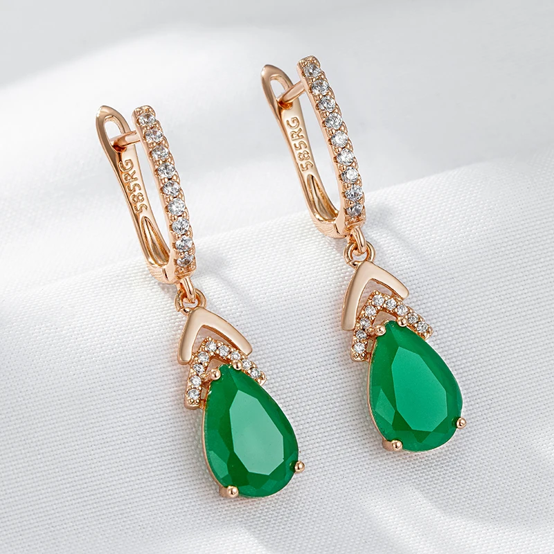 Wbmqda Luxury Elegant Emerald Drop Earrings For Women 585 Rose Gold Color Retro Green Natural Zircon Wedding Party Fine Jewelry