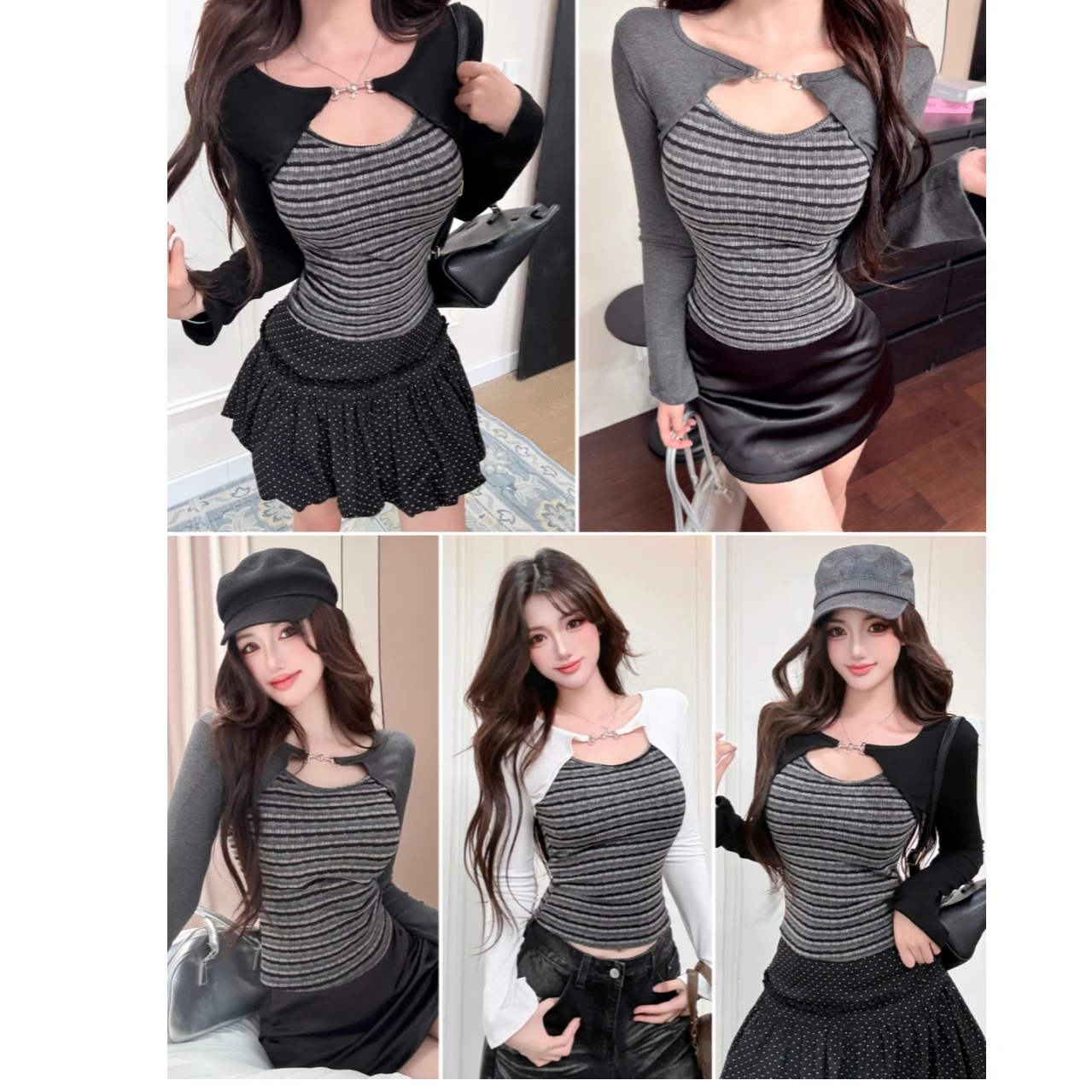 Sexy American Style Striped Long Sleeve T-Shirt Women's Slim Fit Base Layer Top with Chest Pad Autumn Fashion City Walk
