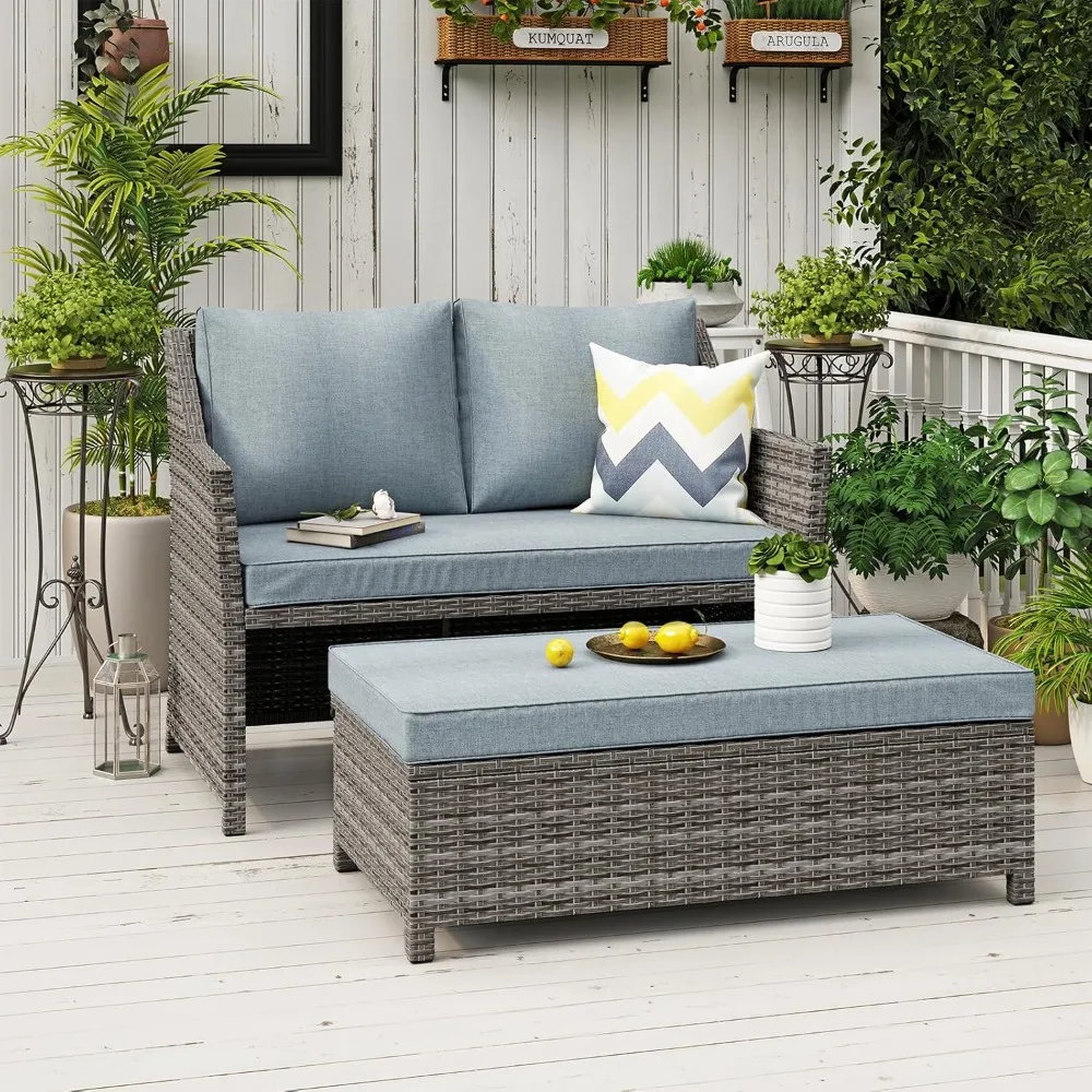 

2-Piece Outdoor Patio Furniture Wicker Love-seat and Coffee Table Set, with Built-in Storage Bin, Grey Rattan, Grey Cushions