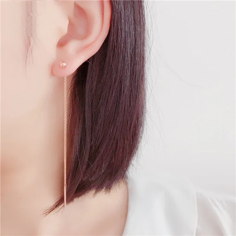 Classic Simplicity Round Glossy Bead Copper Plated Rose Gold Long Earings Double Chains Earrings for Women Party Jewelry