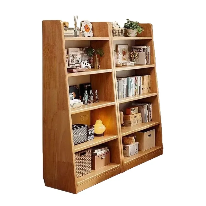 Solid Wood Trapezoidal Bookshelf Floor Standing Storage Rack Wall Mounted Display Unit Simple Home Office Library Organizer