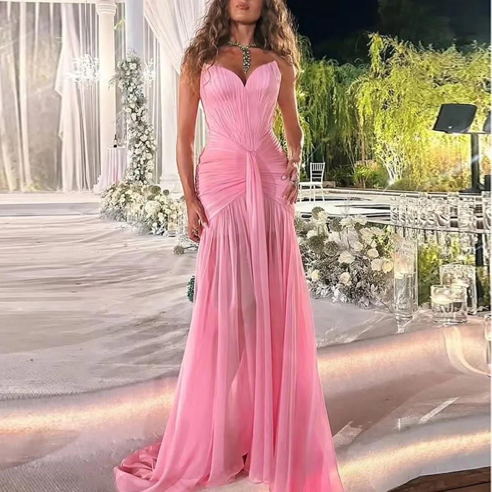 Women Strapless V Neck Chiffon Evening Dresses Side Slit Floor Length Formal Party Prom Gown Pleated Long Wedding Guest Dresses
