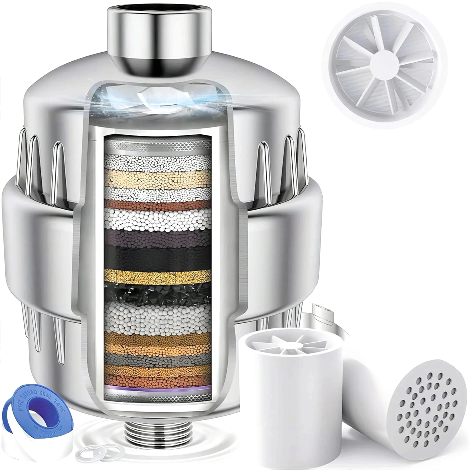 

Shower filter with turbocharger - removes chlorine and heavy metals, including replaceable filter element