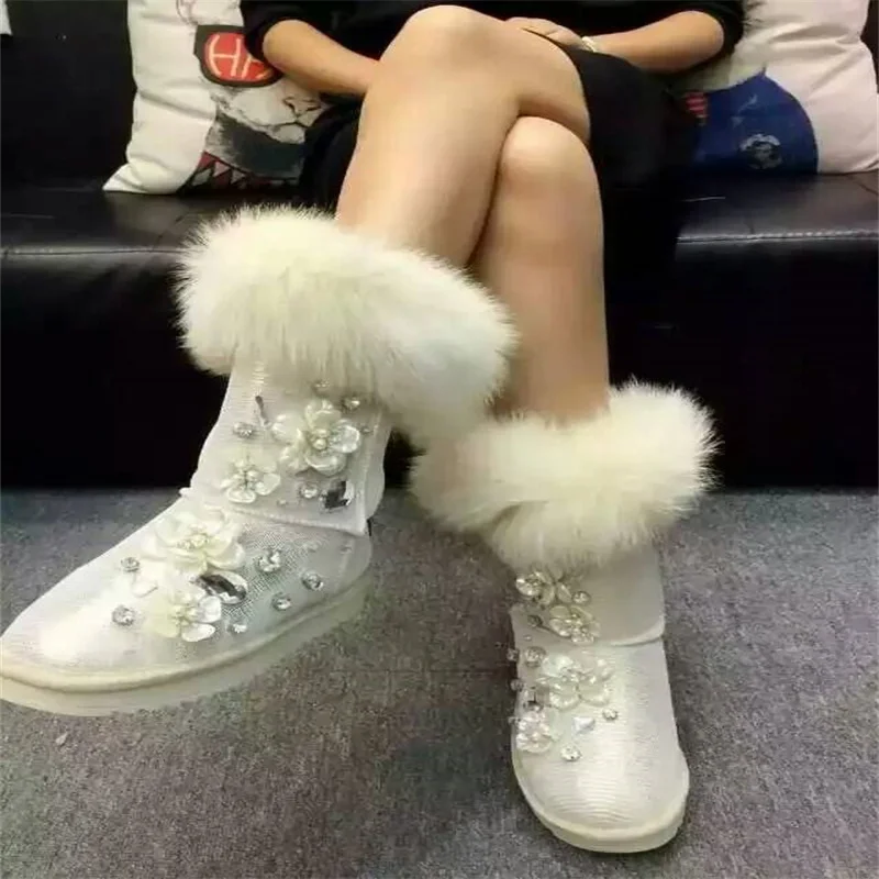 Design pearl three-dimensional flowers natural fox hair in the tube female fur one snow boots large size warm cotton shoes 35-44