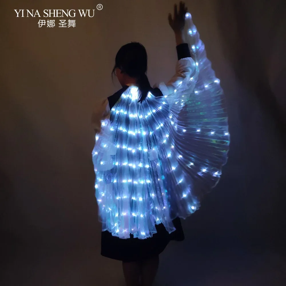 Capa LED luminosa para danza de adultos, tela transparente blanca, accesorios fluorescentes para danza del vientre enganchados a mano, alas para actuación, nuevo