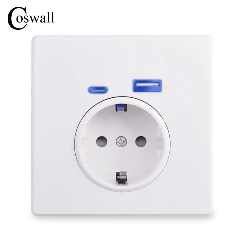 COSWALL Type-C Interface Outlet, Wall PC / Acrylic Panel EU Russia Spain French Standard Socket With USB Charge Port White Black