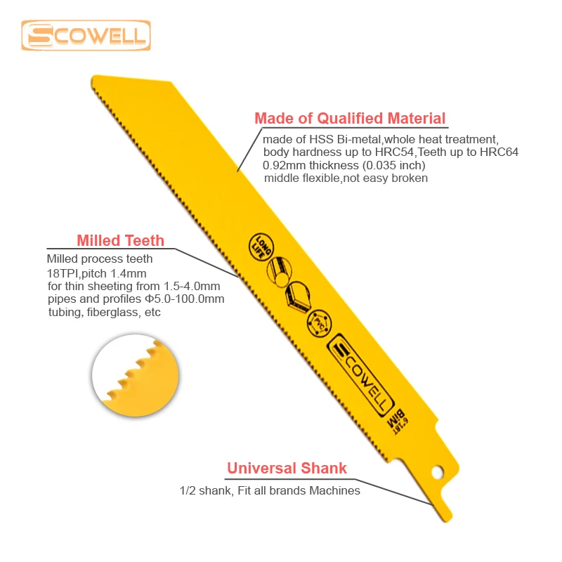 Confezione da 5 SCOWELL Bimetal 6 "pollici 18TPI Machinery Demolition Sabre lama per sega alternativa per Meta Cut accessori per elettroutensili fai da te