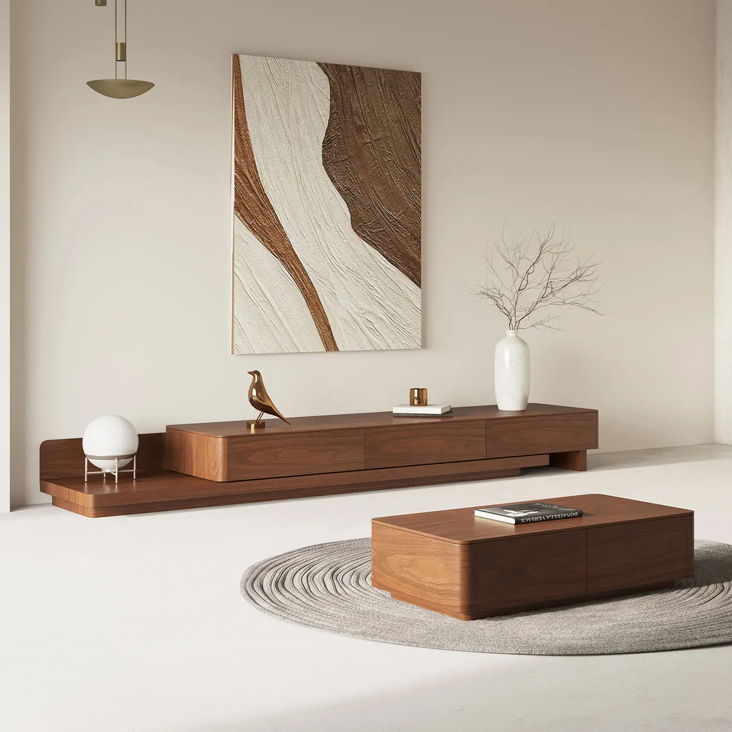 #Modern Minimalist Living Room Space-Saving Adjustable Wood TV Stand & Coffee Table With Extendable Features